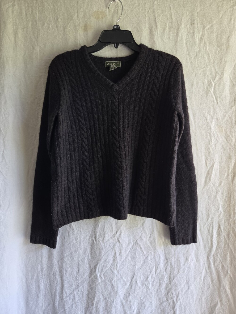 VTG Eddie Bauer Sweater Womens Small Black Cable Knit Lambs Wool Blend Vneck